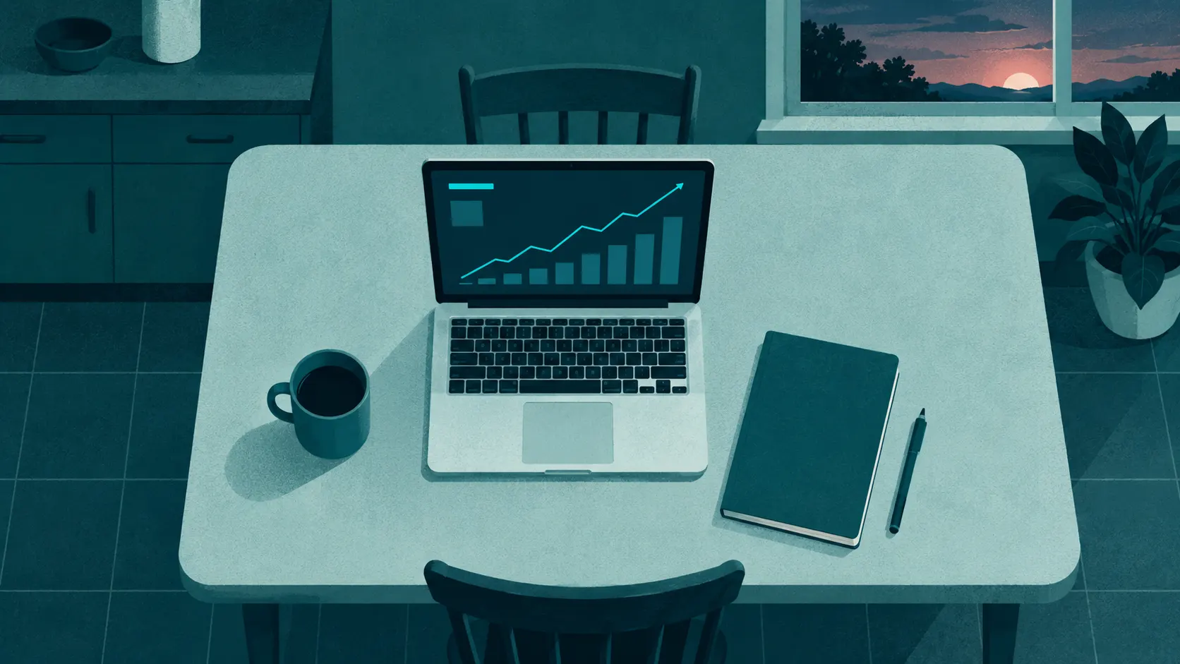 A kitchen table at dusk with a laptop showing a simple progress dashboard