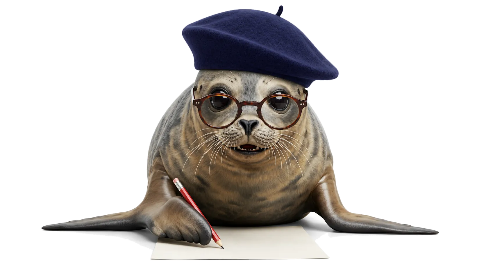 Phoque in reading glasses, marking an exam paper with a red pencil